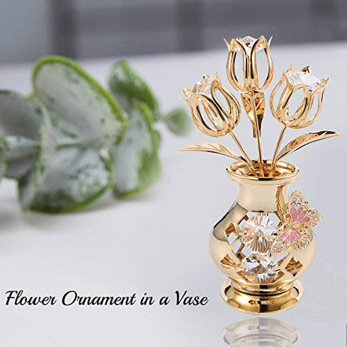 24K Gold Plated Crystal Studded Flower Bouquet in Vase with Decorative Butterfly
